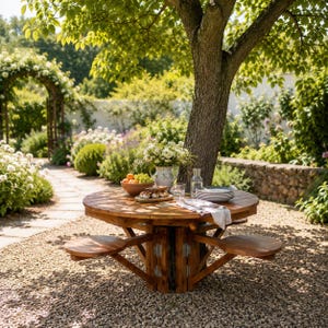 May include: A round wooden picnic table with attached benches is nestled under a large tree. The table is set with plates, glasses, and a vase of flowers. A bowl of fruit and pastries are also on the table. The scene is set in a garden.