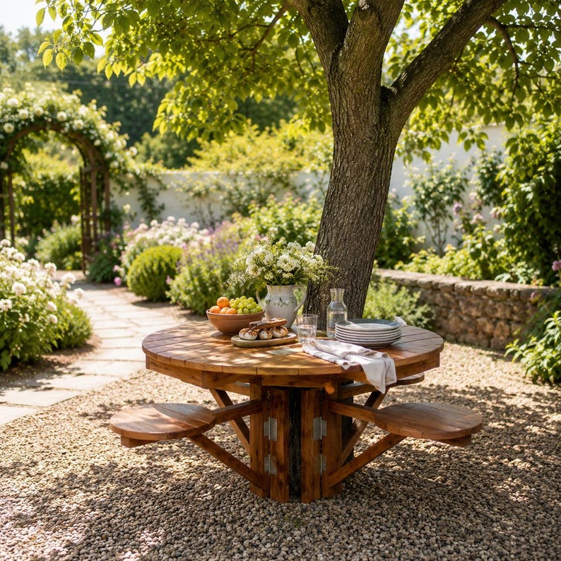 May include: A round wooden picnic table with attached benches is nestled under a large tree. The table is set with plates, glasses, and a vase of flowers. A bowl of fruit and pastries are also on the table. The scene is set in a garden.