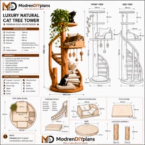 Puede incluir: Un &aacute;rbol para gatos de varios niveles con un poste central de madera, una escalera de caracol y m&uacute;ltiples plataformas. El dise&ntilde;o incluye juguetes colgantes, una cama superior y un coj&iacute;n base. Los diagramas t&eacute;cnicos muestran las dimensiones en mil&iacute;metros.