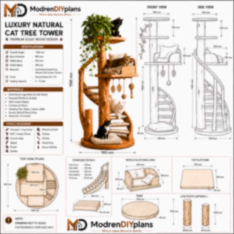 Puede incluir: Un &aacute;rbol para gatos de varios niveles con un poste central de madera, una escalera de caracol y m&uacute;ltiples plataformas. El dise&ntilde;o incluye juguetes colgantes, una cama superior y un coj&iacute;n base. Los diagramas t&eacute;cnicos muestran las dimensiones en mil&iacute;metros.