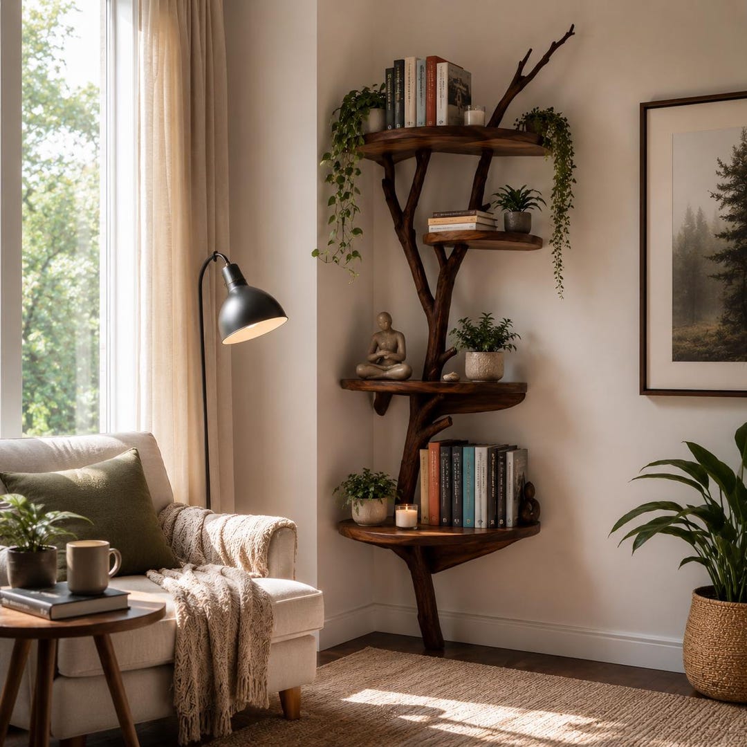 Policy Tree Guide.pdf Tree Branch Corner Shelf Plans | Rustic Wood Bookshelf Blueprint (PDF ...