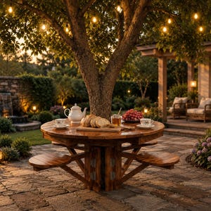 May include: A round wooden picnic table with attached benches is set under a large tree. The table is laden with food and drink, including bread, grapes, and tea. String lights are strung in the tree, and the scene is set in a garden.