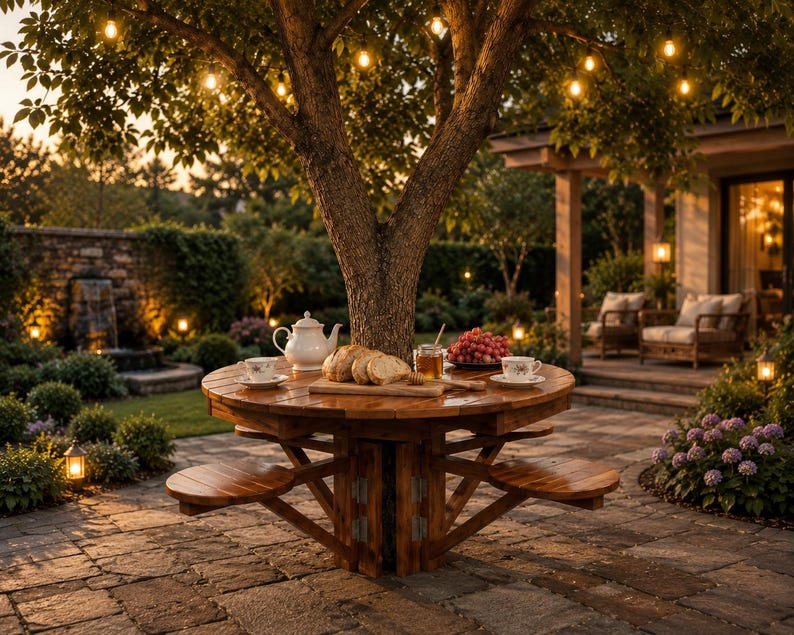 May include: A round wooden picnic table with attached benches is set under a large tree. The table is laden with food and drink, including bread, grapes, and tea. String lights are strung in the tree, and the scene is set in a garden.