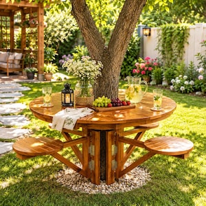 Könnte beinhalten: Ein runder Picknicktisch aus Holz mit angebrachten Sitzen umgibt einen Baumstamm in einem sonnigen Garten. Der Tisch ist mit Getränken, Obst und einer dekorativen Laterne gedeckt. Der Hintergrund umfasst eine Pergola, Blumen und üppiges Grün.
