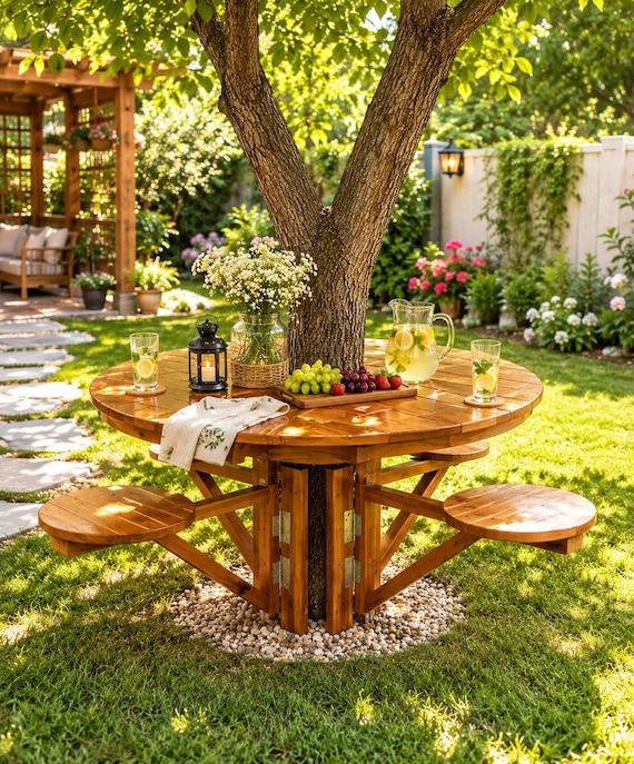 DIY Tree Bench Plans | Hexagon Garden Picnic Table Woodworking Blueprint (Digital Download)