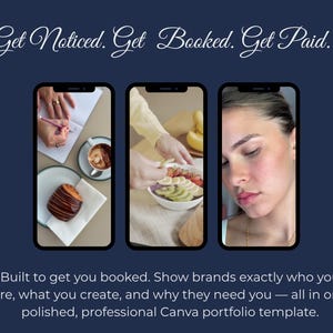 May include: A navy blue graphic with the text "Get Noticed. Get Booked. Get Paid." Three smartphone screens display images of a person writing, preparing food, and a portrait. The text below reads: "Built to get you booked."