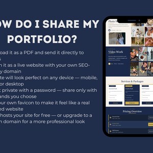 May include: A navy blue graphic with white text asking "HOW DO I SHARE MY PORTFOLIO?". The text lists options like PDF download, website publishing, and password protection. A smartphone displays a website design with photo and video work.