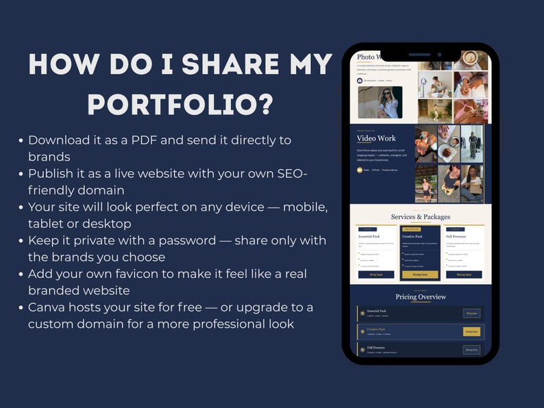 May include: A navy blue graphic with white text asking "HOW DO I SHARE MY PORTFOLIO?". The text lists options like PDF download, website publishing, and password protection. A smartphone displays a website design with photo and video work.