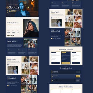 May include: A website design with a dark blue background and cream-colored text boxes. The website features the name "Sophia Lane" at the top, along with sections for photo and video work, services, and pricing. The website includes images and text.