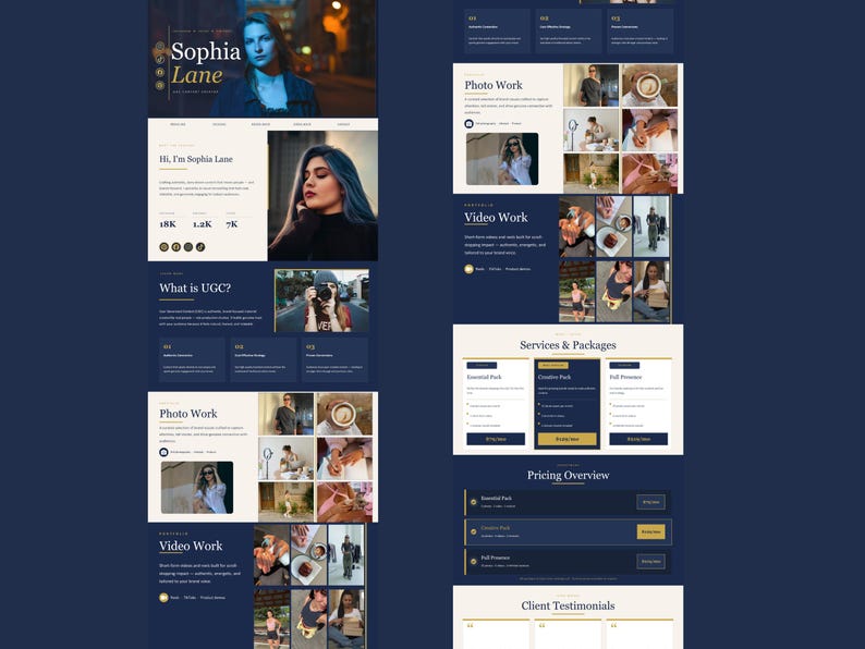 May include: A website design with a dark blue background and cream-colored text boxes. The website features the name "Sophia Lane" at the top, along with sections for photo and video work, services, and pricing. The website includes images and text.