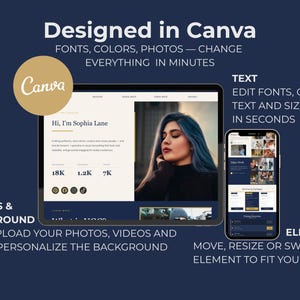May include: A digital design advertisement with the Canva logo. The image shows a tablet and a smartphone displaying design features. Text highlights font, color, photo editing, and background personalization.