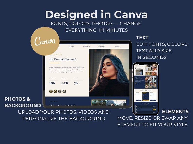 May include: A digital design advertisement with the Canva logo. The image shows a tablet and a smartphone displaying design features. Text highlights font, color, photo editing, and background personalization.