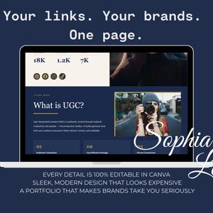 May include: A laptop displays a website design with the text "Your links. Your brands. One page." The website features social media icons, a section titled "What is UGC?", and the text "EVERY DETAIL IS 100% EDITABLE IN CANVA". The design is by Sophia Lane.