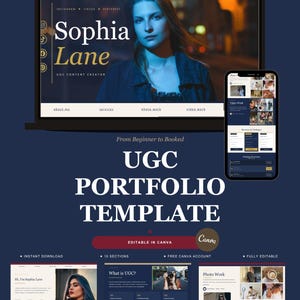 May include: A digital UGC portfolio template displayed on a laptop and smartphone. The template features a photo of a woman named Sophia Lane, with sections for services, photo work, and video work. The design is dark blue with white and red accents.