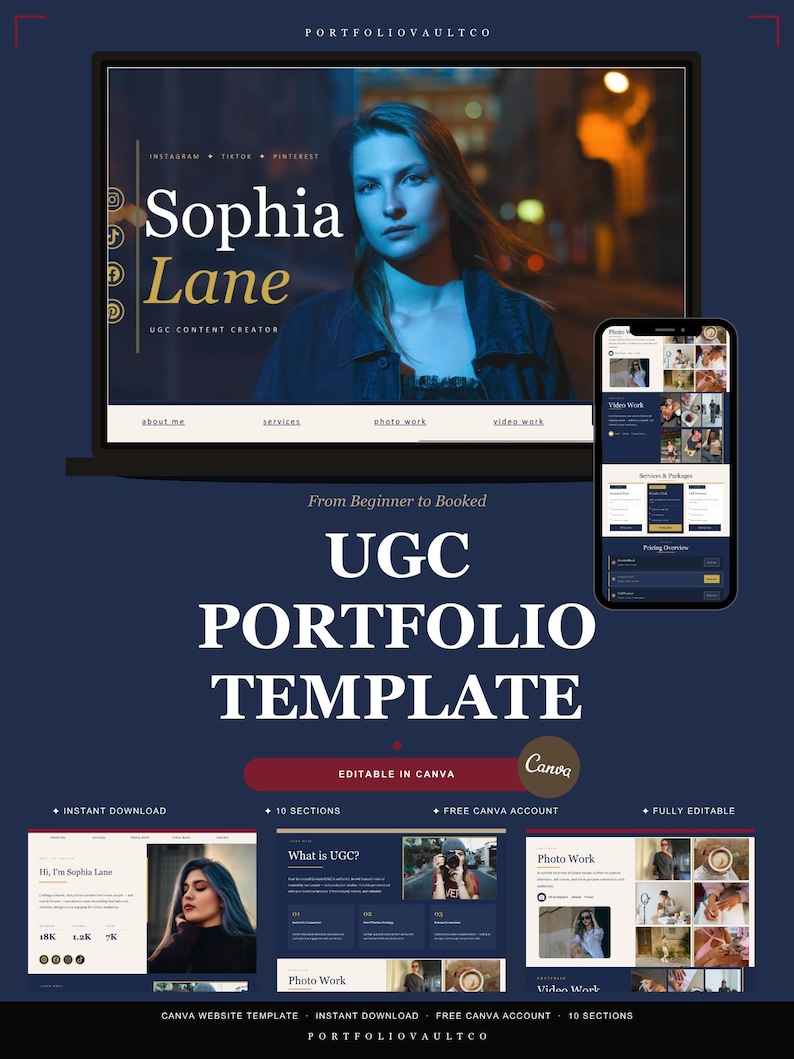 May include: A digital UGC portfolio template displayed on a laptop and smartphone. The template features a photo of a woman named Sophia Lane, with sections for services, photo work, and video work. The design is dark blue with white and red accents.