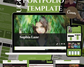 Dark Green UGC Creator Portfolio Canva Website Template Content Creator Media Kit Rate Card Landing Page