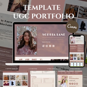 May include: A digital UGC portfolio template for Canva featuring a laptop and smartphone display. The design includes sections for a creator profile, social media statistics, pricing tables, and service offerings in a muted mauve and white color palette.