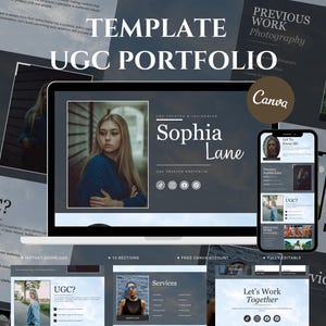 May include: A digital UGC portfolio template for Canva featuring a dark blue and white color scheme. The layout includes sections for a bio, previous work, services, and contact information, with text reading Sophia Lane, UGC Portfolio, and Let's Work Together.