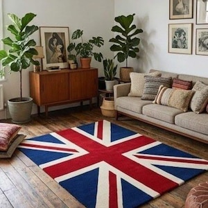 Handmade Union Jack Rug, British Flag Wool Area Rug, Custom UK Carpet, Living Room Decor, Hand Tufted Accent Rug