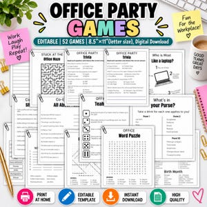 Puede incluir: Una colección de 52 juegos de oficina imprimibles en papel tamaño carta de 21.59 cm por 27.94 cm. Los documentos presentan texto negro sobre fondos blancos, incluyendo trivia, sopas de letras y laberintos, junto a una taza y artículos.