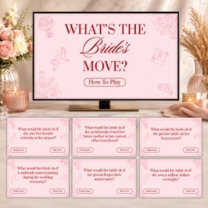 Op de afbeelding: Een digitaal spel getiteld What's the Bride's Move? weergegeven op een monitor, met zes kaarten met vragen over bruiloften. Het ontwerp gebruikt een lichtroze achtergrond met donkerrode tekst en lijntekeningen van bloemen, duiven en ringen.