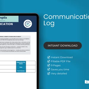 Può includere: Un tablet digitale mostra un modello di "Registro delle comunicazioni" di Formplix. Il documento include campi per il nome dell'organizzazione, il nome del lavoratore e il riferimento del cliente. L'immagine evidenzia anche le funzionalità "Download istantaneo" e "File PDF compilabile".
