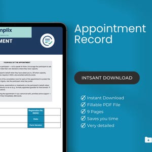 May include: A digital tablet displays an appointment record template with the Formplix logo. The document includes fields for organization name, worker name, and client reference. Text on the right side highlights features like instant download and a fillable PDF file.