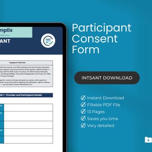 Könnte beinhalten: Ein digitaler Tablet-PC zeigt ein Participant Consent Form mit dem Formplix-Logo. Das Formular enthält Abschnitte für Anbieter- und Teilnehmerdetails. Der Text auf der rechten Seite hebt Funktionen wie Sofort-Download hervor.
