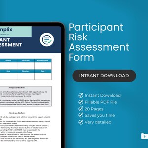 May include: A digital tablet displays a "Participant Risk Assessment Form" with the Formplix logo. The form includes fields for document details and approval. Text on the right side highlights features like instant download and a fillable PDF file.