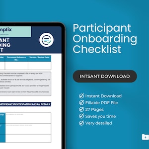 May include: A digital tablet displays a "Participant Onboarding Checklist" document. The checklist includes sections for identification and plan details. Text on the right side reads "Instant Download" and lists features like a fillable PDF file and 27 pages.
