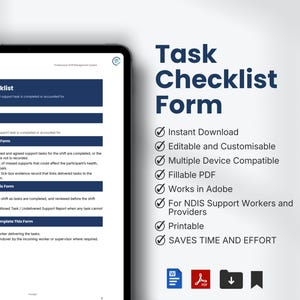 May include: A digital task checklist form displayed on a tablet screen with dark blue headers and white text. The document includes sections for document title, purpose, usage, and completion instructions, alongside a list of features and icons.