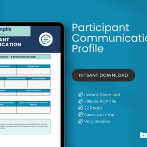 Può includere: Un documento digitale intitolato "Profilo di comunicazione del partecipante" su uno schermo di tablet. Il documento include sezioni per i dettagli del partecipante ed è disponibile per il download immediato come PDF compilabile. Il documento è di 22 pagine e fa risparmiare tempo.