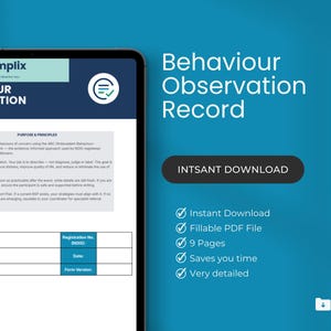 Könnte beinhalten: Ein digitales Tablet zeigt ein Formular "Behaviour Observation Record". Das Formular enthält Felder für Organisationsname, Mitarbeitername und Registrierungsdetails. Das Bild zeigt auch den Text "Sofort-Download" und Aufzählungspunkte, die wichtige Funktionen hervorheben.