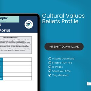 May include: A digital tablet displays a document titled "Cultural Values Beliefs Profile" with a blue and white design. The document includes text and fillable fields. The image also features a button that says "INTSANT DOWNLOAD" and bullet points describing the document's features.