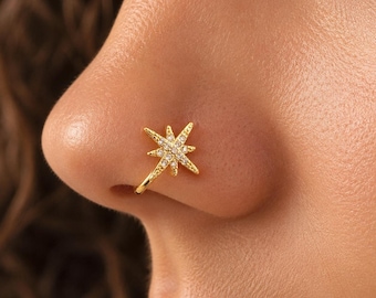 Gouden Starburst neusstekker, sierlijke CZ neuspiercing, hemelse neusring, kleine ster neussieraden, minimalistische gouden neuspin cadeau voor haar