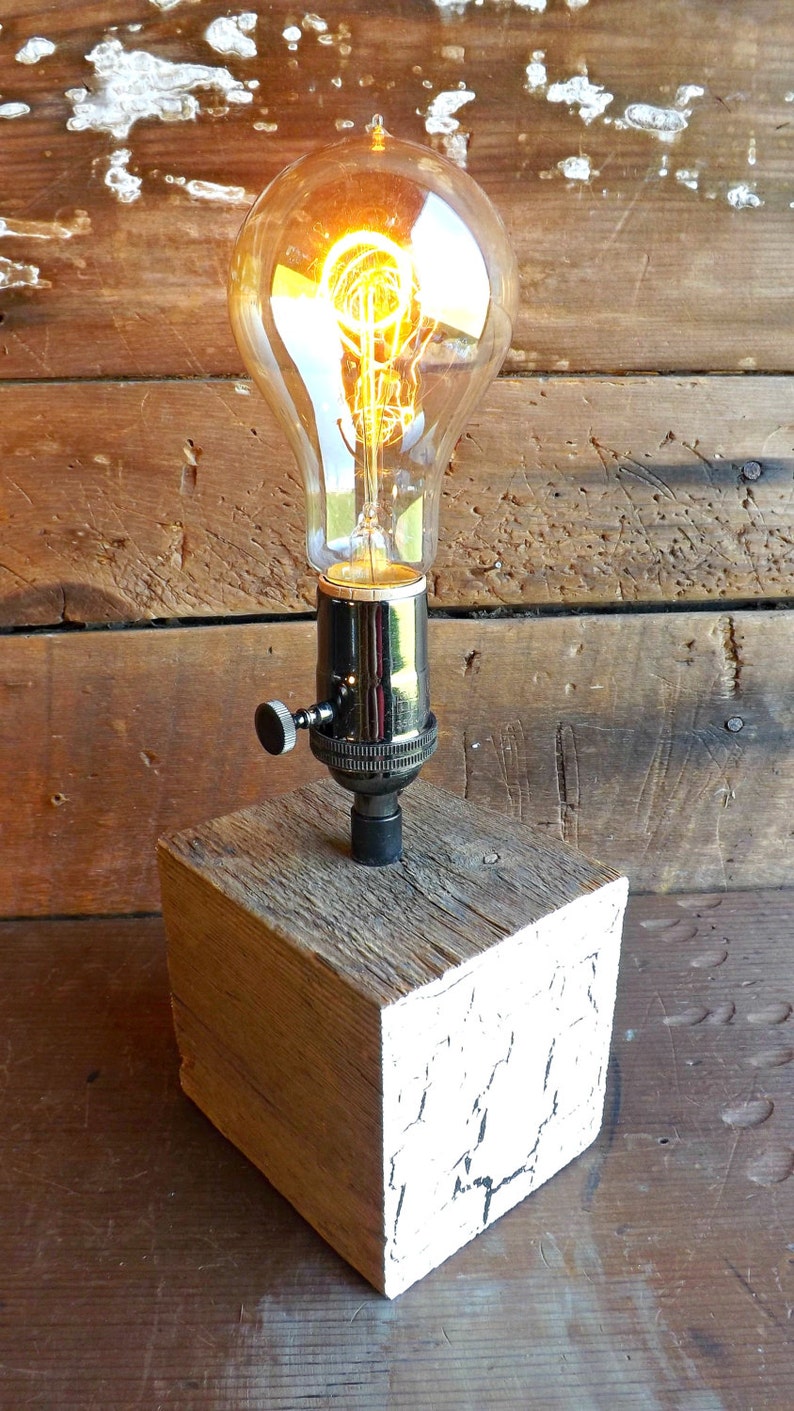 Barn wood edison lamp Rustic accent light Crackled paint night Etsy
