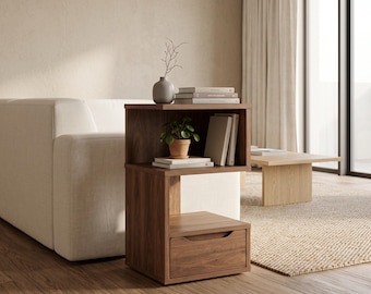 Nowoczesna szafka nocna Z Shelf z ukrytą szufladą, geometryczny drewniany stolik boczny do sypialni, minimalistyczny stolik nocny, stolik boczny do małej przestrzeni