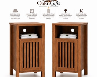 Farmhouse Nightstand Set of 2 with Grille Door, Brown End Tables, Bedroom Storage Cabinet, Rustic Side Tables