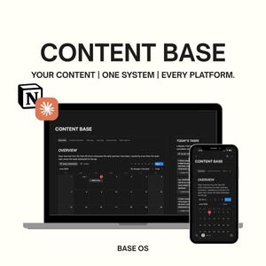 May include: A digital interface display titled CONTENT BASE, featuring the text YOUR CONTENT | ONE SYSTEM | EVERY PLATFORM. A laptop and smartphone show a dark-themed calendar dashboard with the Notion logo and a small orange star icon above.