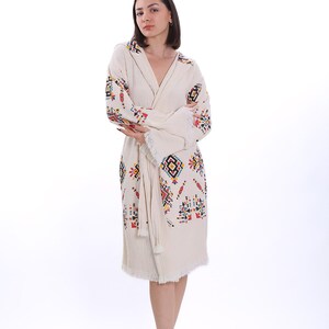 Kelimmönster muslin morgonrock med huva, aztekisk tribal bomullsgase loungewear