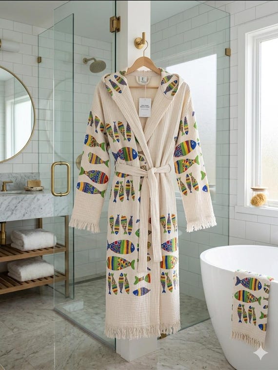 beach towel dressing gown Muslin Robe with Hood, Cotton Fish Pattern Kimono, Colorful Bathrobe with Fringes, Turkish Gown, Unisex Loungewear * Hang dry or