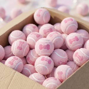 May include: A cardboard box filled with numerous light pink tennis balls. Each ball features a white seam and a printed graphic of a pink dog bone with the name Daisy written inside the bone. The balls have a fuzzy, textured surface.