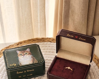 Hand-Painted Pet Portrait Ring Box, Custom Dog Cat Wedding gift, Memorial Keepsake, Vintage Faux Leather Jewelry Holder, Engagement Gift
