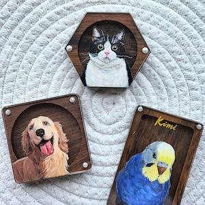 May include: Three wooden frames containing hand-painted portraits of pets. One hexagonal frame features a black and white cat. One square frame shows a golden retriever. One rectangular frame displays a blue and yellow budgie with the name Kimi.