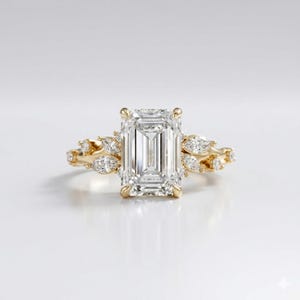2.20 Carat D/VVS2 IGI Certified Emerald Cut Lab Grown Diamond Leaf Inspired Engagement Ring, 14K Gold, Wedding Bridal Ring, Ring For Women