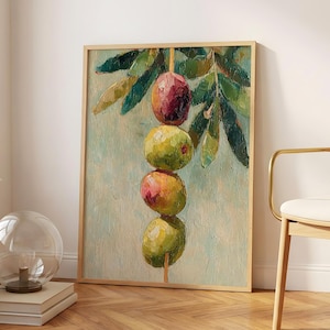 Rustieke olijftakken als wanddecoratie | Keukenwanddecoratie | Olieverfschilderijprint met textuur | Toscaanse boerderijfruitkunst | Olijfstillevendecoratie
