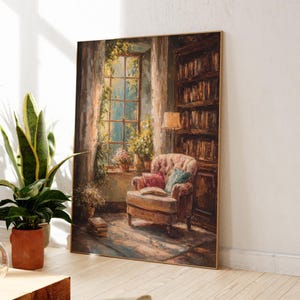 May include: An oil painting depicts a cozy library scene. A plush armchair sits near a window with sunlight streaming through. Bookshelves are filled with books, and a lamp casts a warm glow. The artwork is framed in gold.