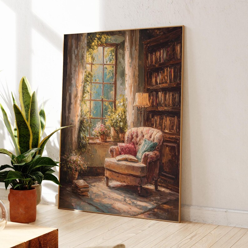 May include: An oil painting depicts a cozy library scene. A plush armchair sits near a window with sunlight streaming through. Bookshelves are filled with books, and a lamp casts a warm glow. The artwork is framed in gold.