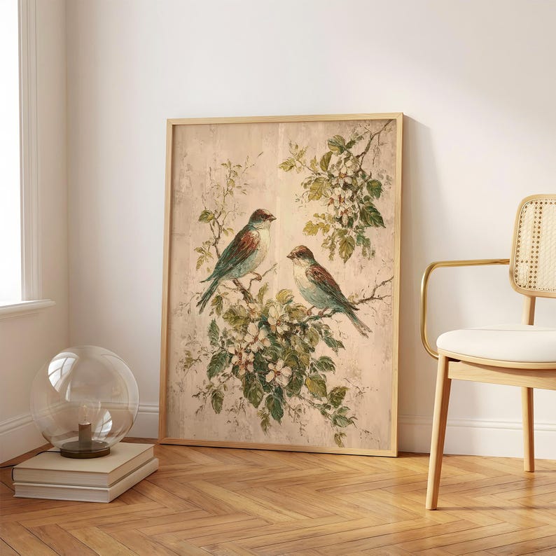 May include: A rectangular wall art print featuring two birds perched on flowering branches against a textured beige background. The birds have blue and brown plumage, and the foliage consists of green leaves and small white blossoms.