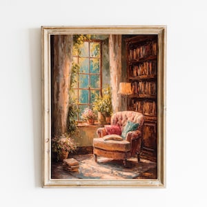May include: A framed painting depicts a cozy reading nook. A tufted armchair with red and teal pillows sits near a window with sunlight streaming through. A bookshelf, lamp, and books complete the scene, evoking a sense of warmth and tranquility.